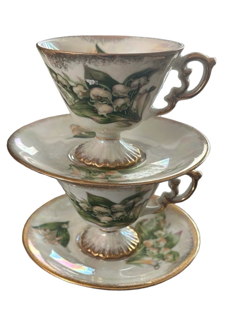 ENESCO Vntg Porcelain Tea Cup & Saucer May Lilly of the Valley (set of 2) Floral